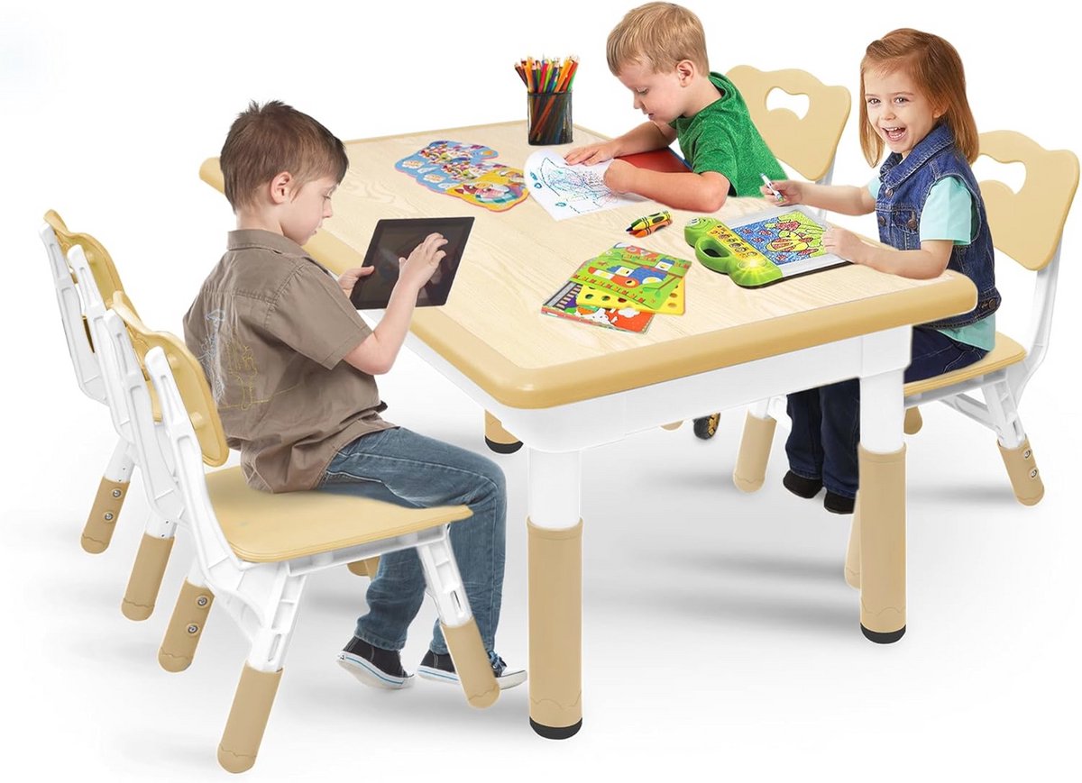 Hoogteverstelbare Kindertafel met 4 Stoelen voor Kinderen vanaf 2 Jaar - Ideaal voor Creatief Spelen en Leren