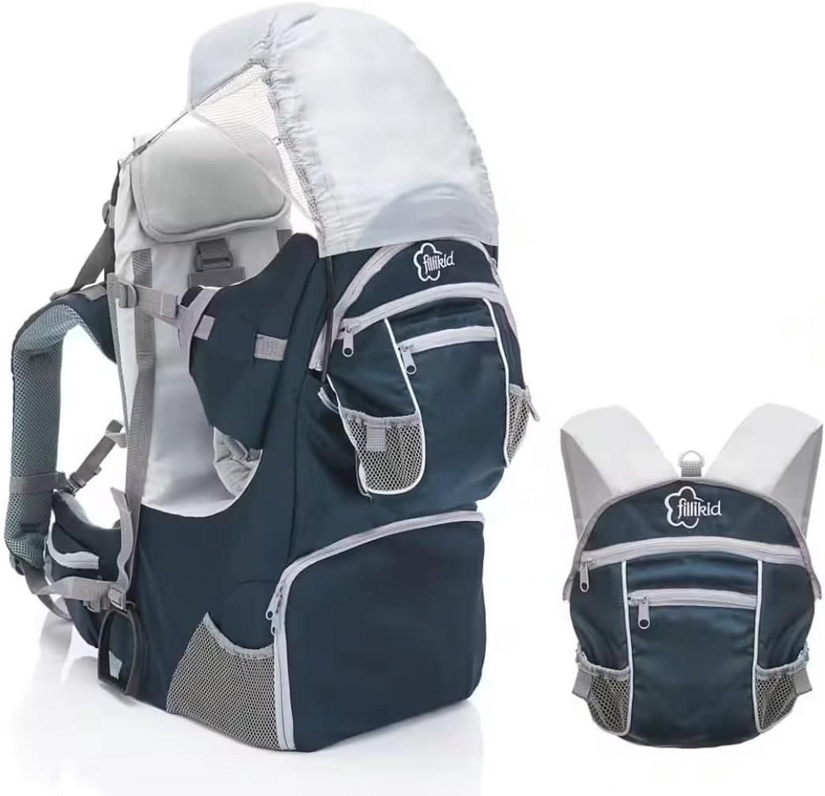 Ergonomische Kinderdrager voor Wandelen - Draagzak met Zonnekap en Regenhoes - Geschikt voor Baby’s en Peuters - Maximum Gewicht 18kg - Grijs