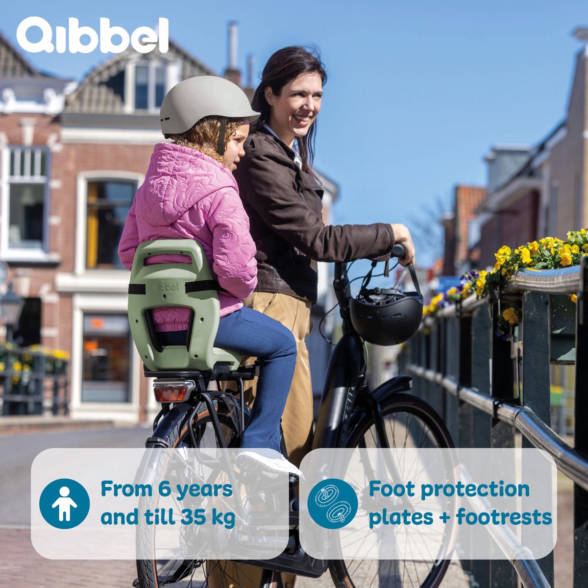 Qibbel Junior 6+ Fietsstoeltje Achter Bagagedrager bevestiging - QuickConnect - Fietszitje – Sage Green - inclusief voetbeschermingsplaten en voetsteunen thumbnail 2