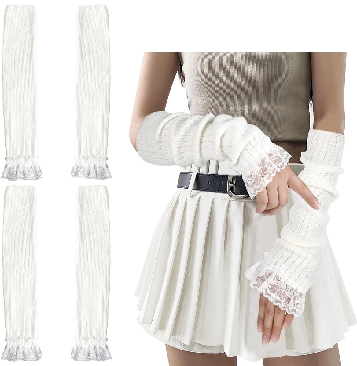 2 paar Armwarmers voor lange mouwen zonder vingers, Vingerloze armwarmers voor dames, witte armwarmers van zacht fleece, handwarmers voor de winter, feest, dagelijks leven, club gebreide kant armmouw - Cyslmuk®
