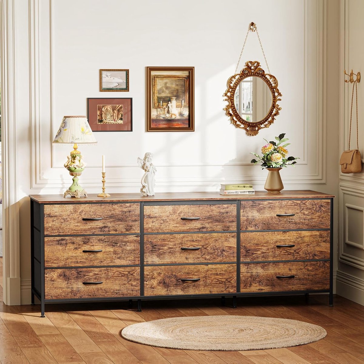 Brede 160 cm commode voor slaapkamer met 9 diepe stoffen laden, multifunctionele tv-standaard voor 55-70 inch televisies, entertainmentcentrum met opbergruimte, brede lange opbergkast in rustiek bruin