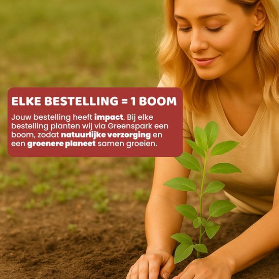 Vrouw met blonde haren plant een boompje in de aarde. Tekst: Elke bestelling = 1 boom.