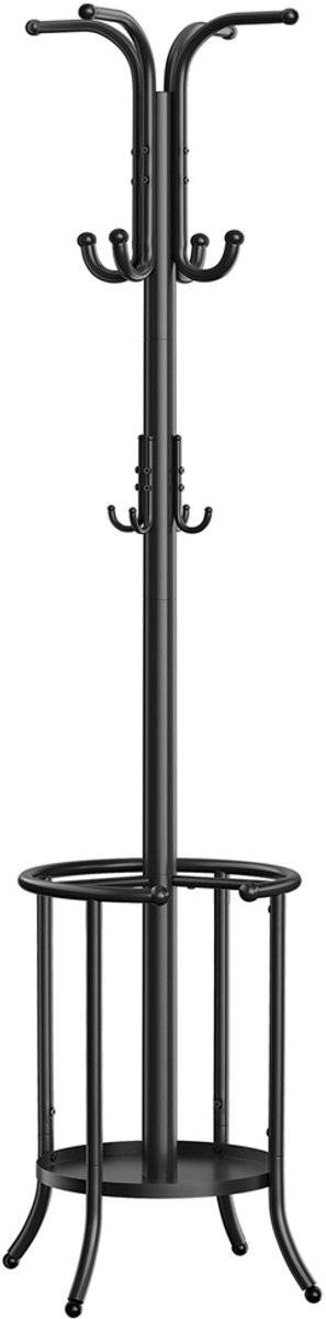 Vrijstaande kapstok 40 x 40 x 175 cm zwart met parapluhouder en 12 haken van metaal stabiel en duurzaam verstelbare poten beschermen kleding antislip bolvormige haken geschikt voor hal gang woonkamer slaapkamer opbergen en organiseren