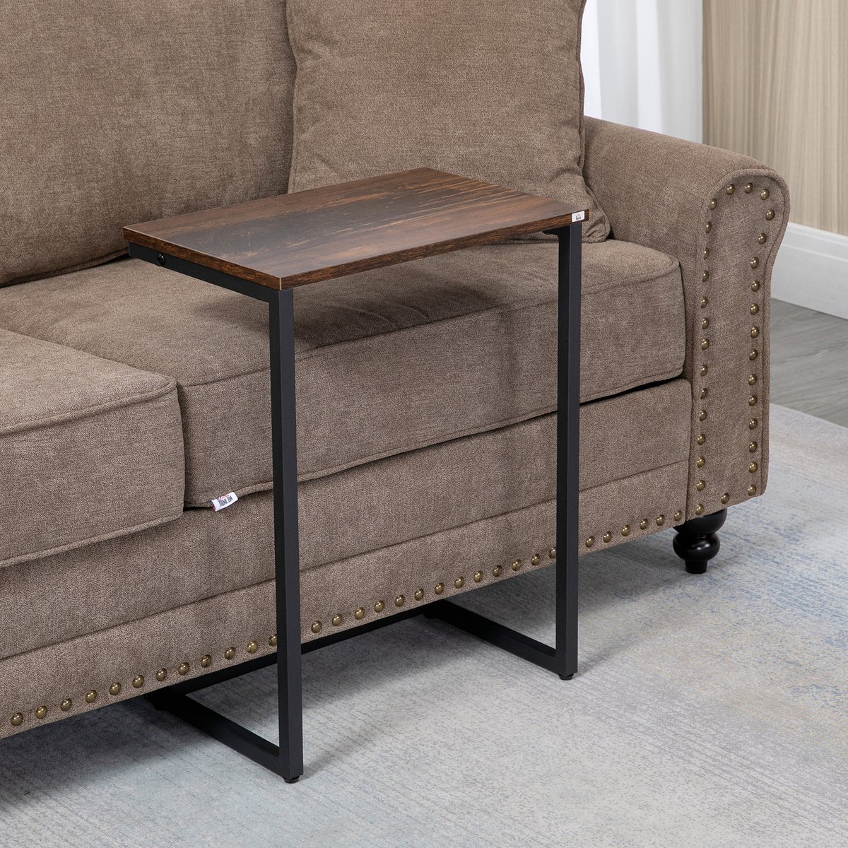 MODFU 3-delige bijzettafel set, C-vormige tafels, stalen frame, rustiek bruin voor woonkamer