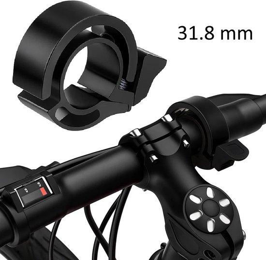 Zwarte aluminium fietsbel, 31.8 mm, gemonteerd op een fietsstuur.