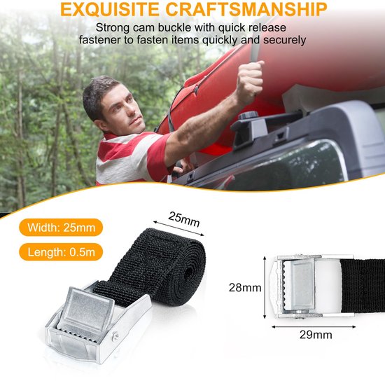 Spanband, 1 m, 6 stuks, korte sjorbanden met metalen gespen, professionele spanbanden met klemsluiting voor snelle zekering in de auto, fietsendrager, motorfiets, kano, bagage, surfboard (zwart