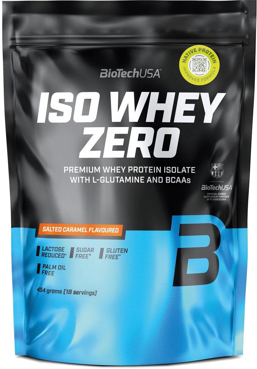 BioTechUSA Iso Whey Zero | Premium wei-eiwitisolaat | Grasgevoerd | Enzymvrij | Suiker- en glutenvrij, 454 g, Gezouten Karamel