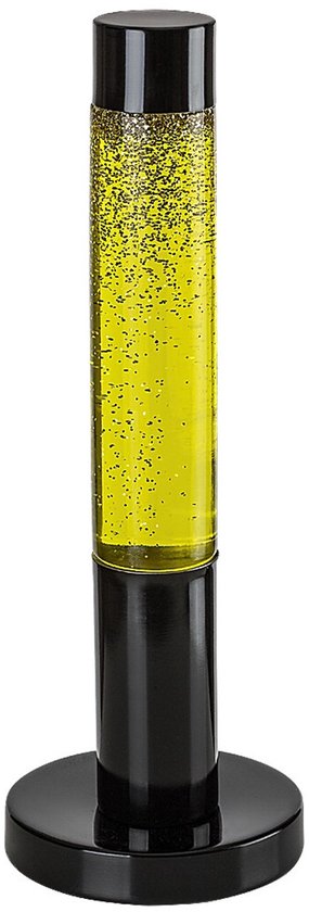 Zwarte lavalamp met een transparante cilinder met gele vloeistof en zwarte deeltjes, op een cirkelvormige voet.