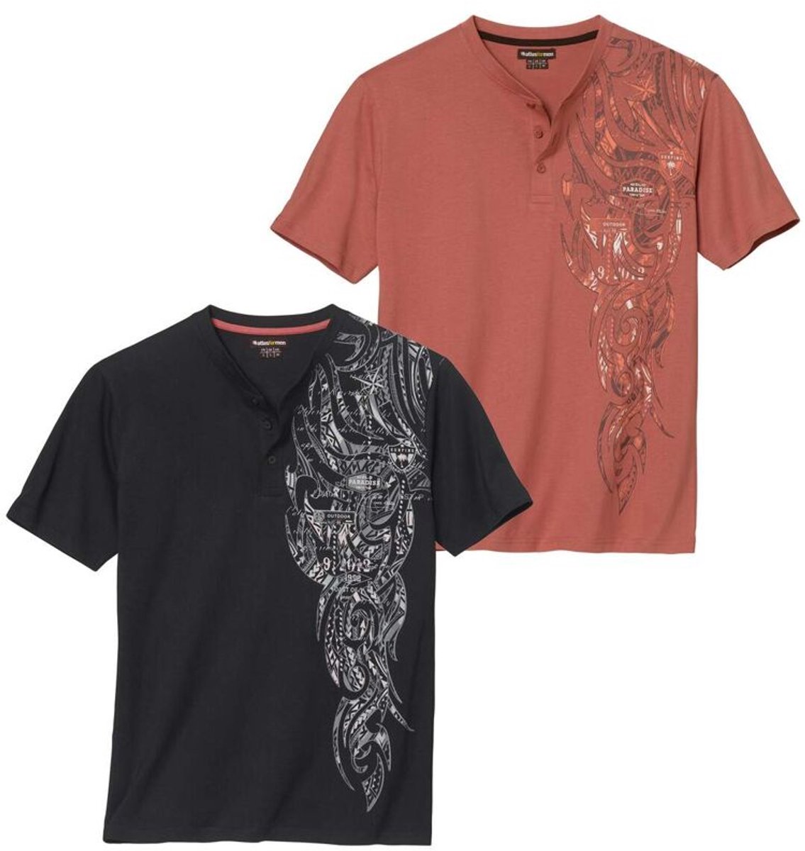 ATLAS FOR MEN - Set van 2 T-shirts met knoopsluiting en Tahitiaanse print - Heren - Verkrijgbaar in grote maten - M
