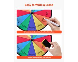 VEVOR Rad Van Fortuin (305mm) 12 Slots Rad Van Fortuin met Standaard, Loterijspellen Winnende Roulette met Schoolbordwisser En 2 Stiften, 6 Kleuren, Draaiend Prijzenwiel Ideaal voor FeestcaféS, Beurzen