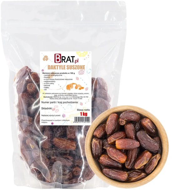 Zak BRAT.pl met gedroogde dadels en een houten kom met dadels, 1 kg.