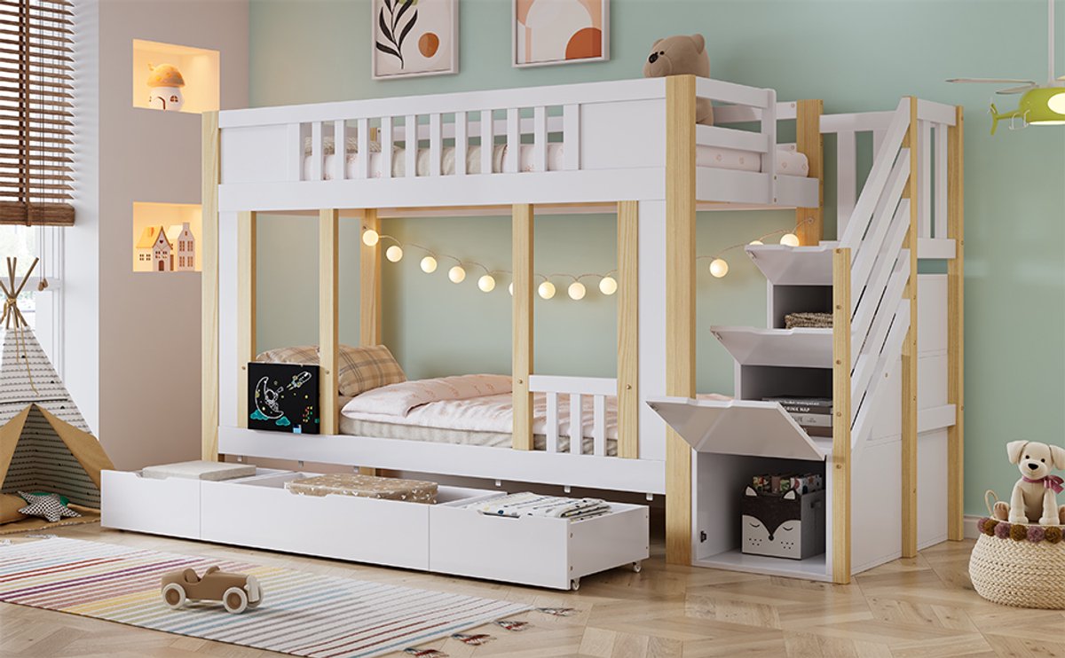 Wishdor Stapelbed 90x200 cm - Trapkast & 3 Lades - Krijtbord - Wit/Naturel Hout - Opgeruimd & Creatief
