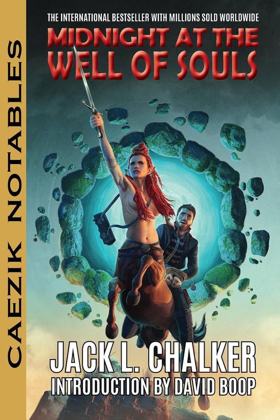 Boekcover met een centaur met rode staart en een man die bij een portal staan. Titel: Midnight at the Well of Souls.