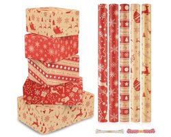 Cadeaupapier Kerstmis - 5 Rollen, 43 cm x 300 cm - Recyclebaar Kraftpapier voor Kindergeschenken