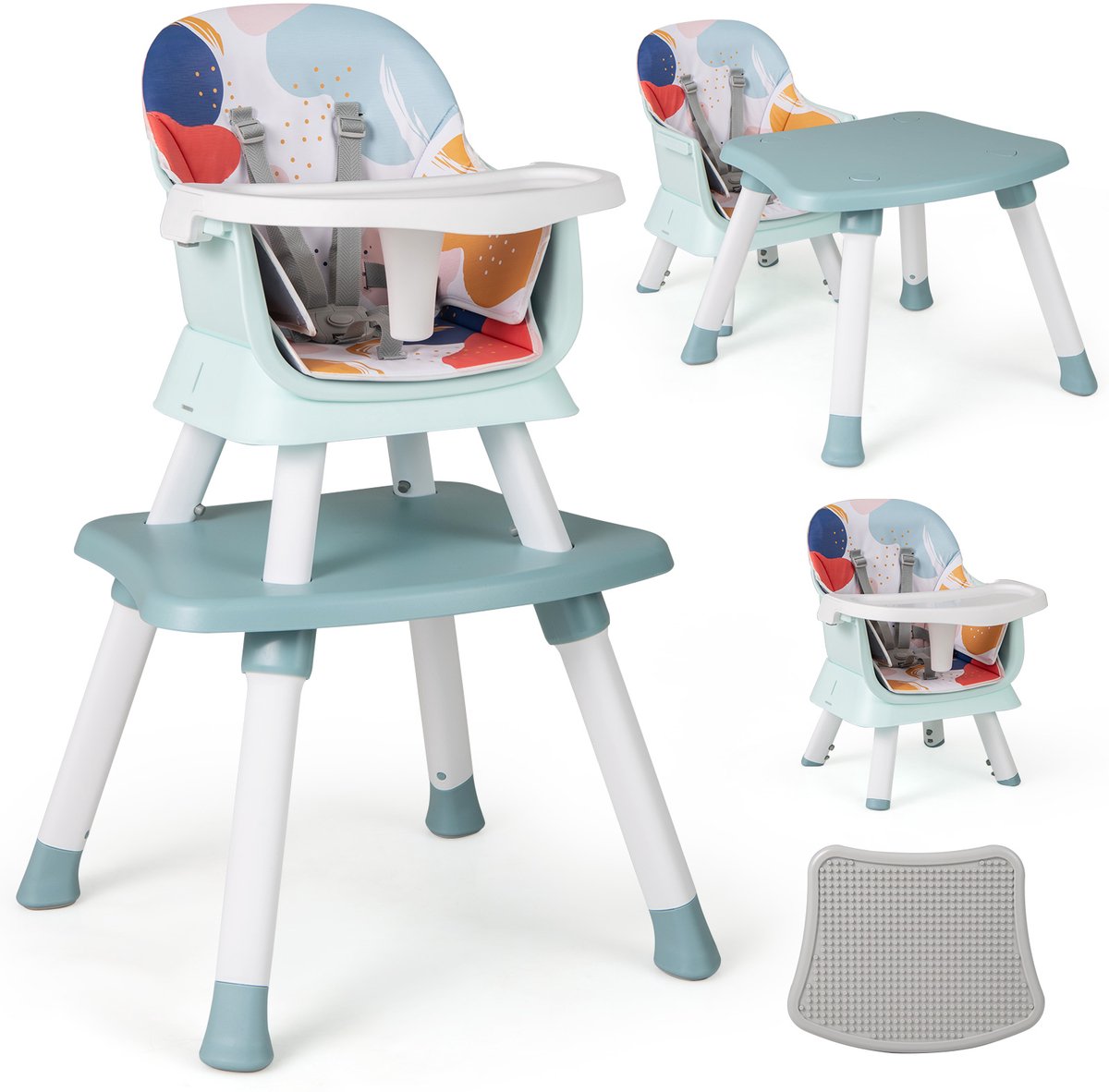 COSTWAY 6-in-1 babystoel, kinderstoel, eetstoel, leertafel, bouwsteentafel, kinderzitgroep, kinderstoel met veiligheidsgordel en afneembaar dienblad, babystoel, combi-kinderstoel (veelkleurig)