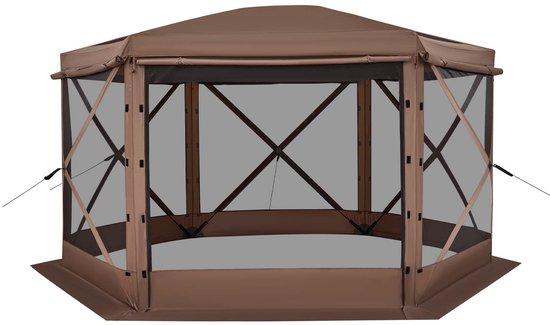 Pop-Up Gazebo Schermtent, 3.6 x 3.6 m Hexagonale Kampeer Canopy Met Losneembare Dak & Draagbare Zak, Eenvoudige Opbouw & Insectbestendig, Buiten Zonnescherm voor 8-10 Personen, Bruin van Merkloos — afbeelding 2
