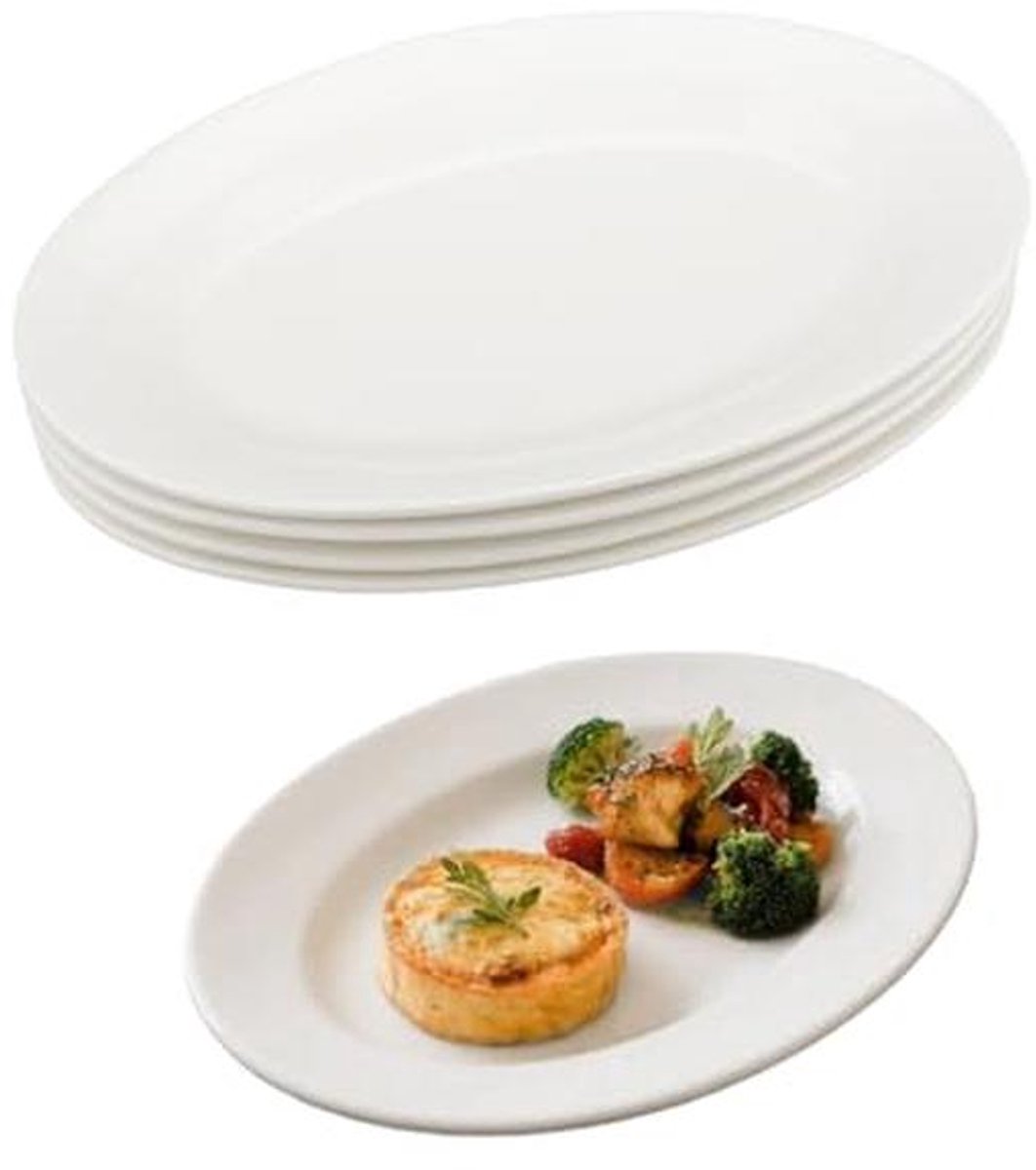 Set van 4 ovale porseinen borden voor diner en dessert - 25,5 x 16,8 cm