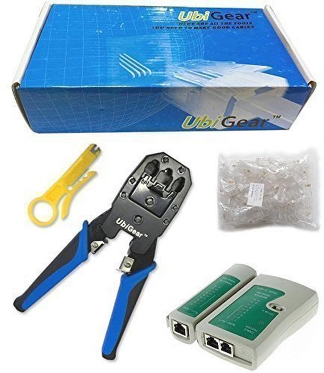 Netwerk- en telefoonkabeltester met krimptang en 100 RJ45 stekkers