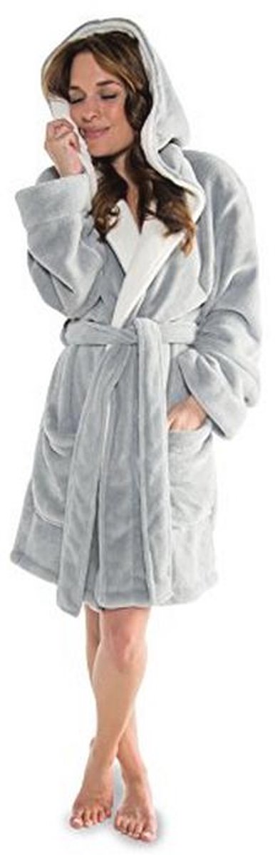 Tweedehands dames badjas met capuchon korte snit microvezel knuffelfleece