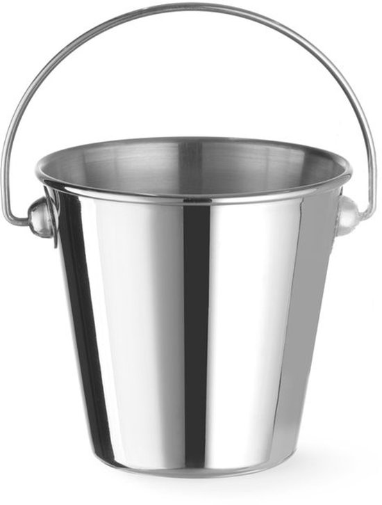 Zilverkleurige roestvrijstalen serveeremmer met handgreep, 9 cm diameter.