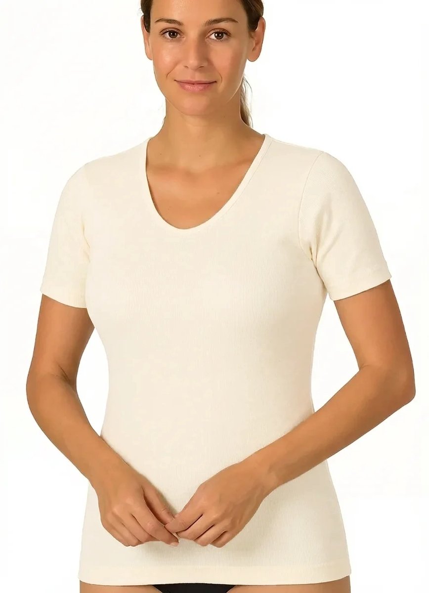 Entex dames thermo T-shirt korte mouw - Diepe ronde hals - Warm Wollen ondershirt - Crème / XL - Creme