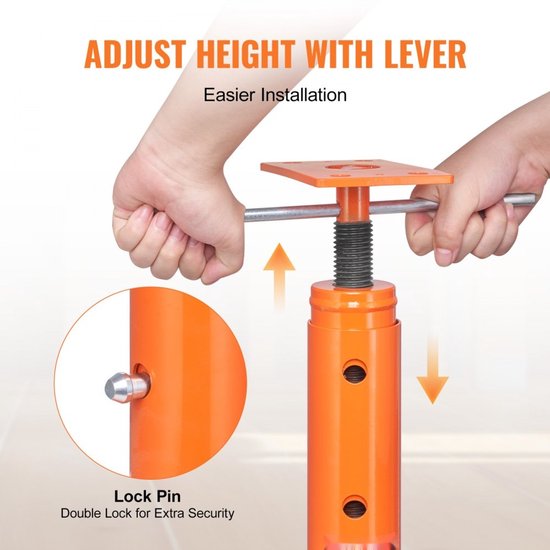 Oranje steunpilaar, verstelbaar met hendel. Duidelijk de lockpin met "Double Lock for Extra Security".