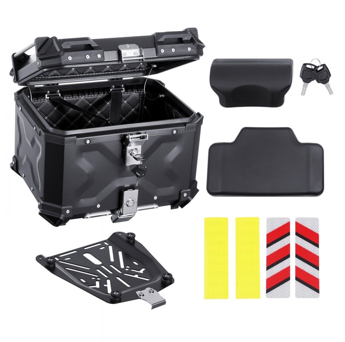 Motor Topkoffer - Achterkoffer Topcase 45L - Aluminiumlegering - Met Slot - Rugkussen - Afneembaar - Leren Voering - Inclusief Helmhoes - Zwart