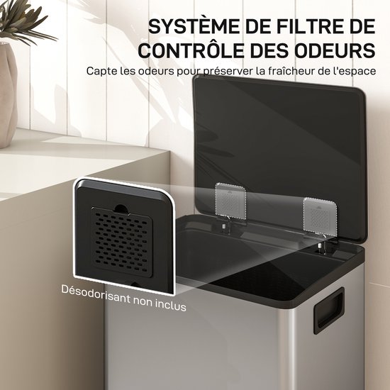 Zilverkleurige prullenbak met een zwart, geperforeerd ventilatierooster. Systeem voor geurcontrole, zonder geurverwijderaar.