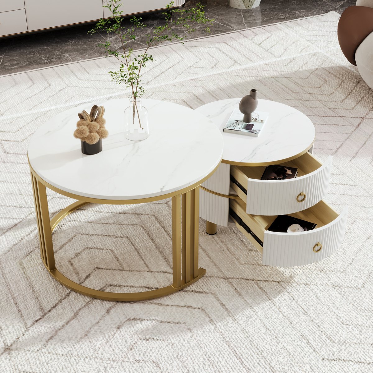 OKWISH Koffietafel - Rond 2 Delige Set Met Witte Marmorplaat En 2 Laden - Modern Voor Woonkamer - 70x70+50x50 cm - MDF + Plastic + Metaal - Wit