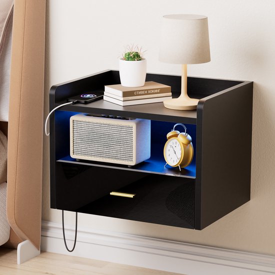 Table de chevet murale noire 2 pièces - Tiroir à 1 compartiment et station de recharge | 1 Outlet + 2USB ports USB ( Power européenne) | Table de chevet en Wood avec bande lumineuse LED | Solution de rangement mural pour chambre à coucher
