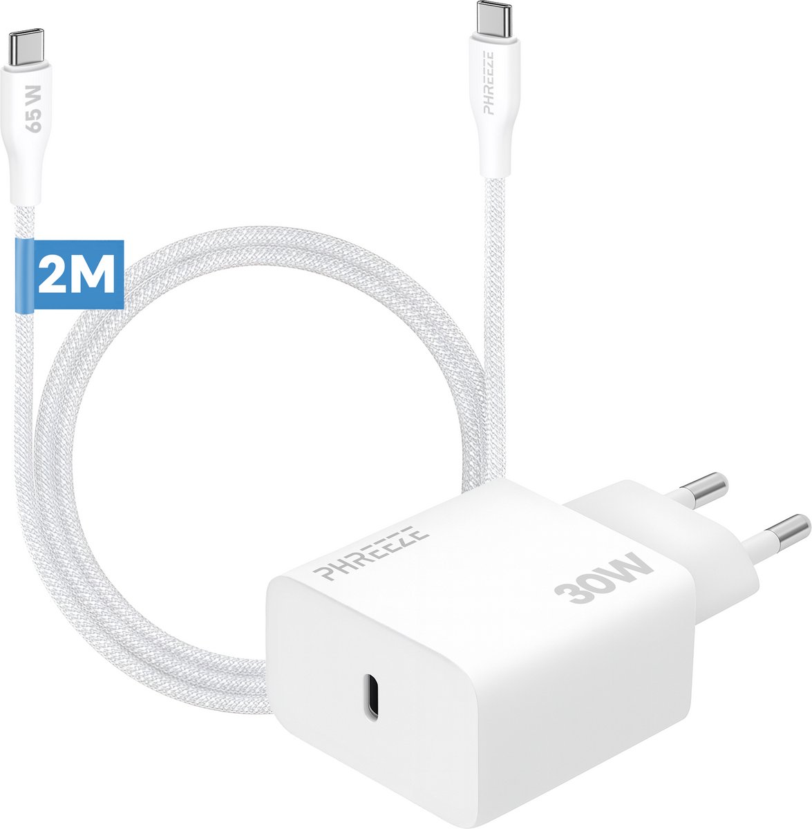 Phreeze usb C snellader 30W met usb C naar usb C kabel 2 meter - Gevlochten Wit