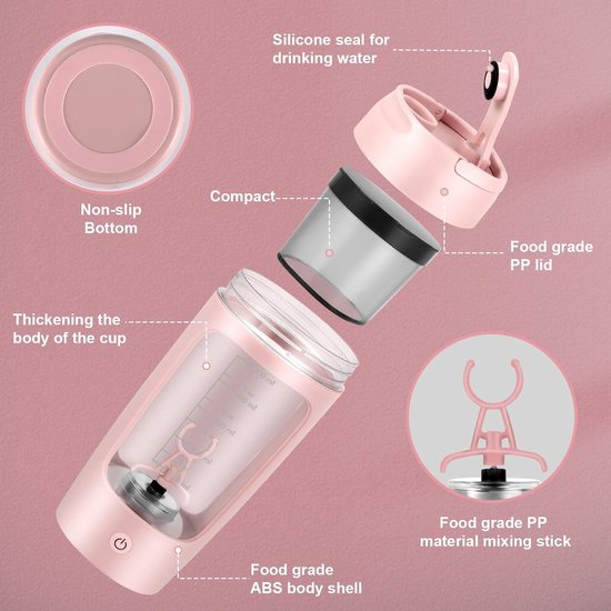 Automatische roerbeker, 650 ml automatische koffie-/milkshakemaker, USB oplaadbaar, met geïntegreerde poedercontainer, geschikt voor sport en fitness (roze) van Merkloos — afbeelding 5