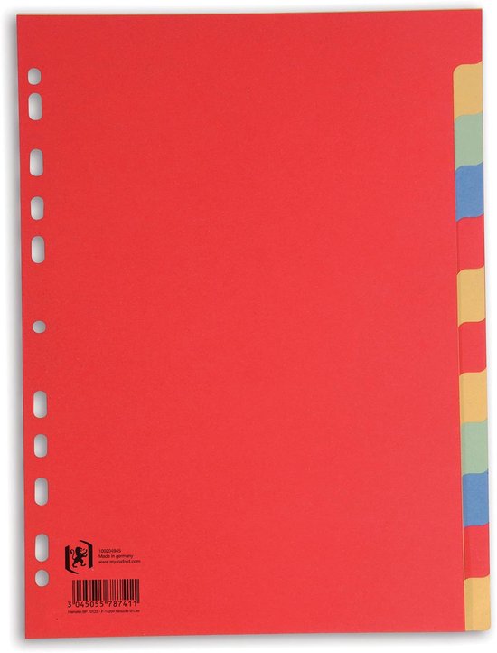 Rood A4-kartonnen tabblad met geperforeerde rand en vijf gekleurde tabbladen.