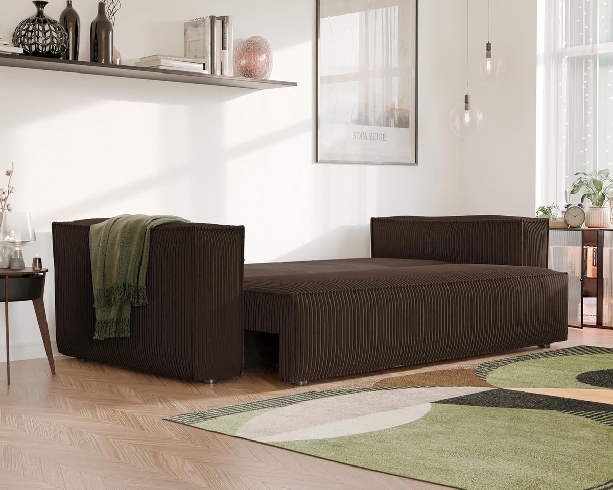 Slaapbank met Bedlade 3-Zits Ribfluweel Kastanjebruin 255 cm – Luxe Uitschuifbare Bank met Slaapfunctie & Opbergruimte – Comfortabele Moderne Sofa voor Woonkamer of Logeerkamer – Ganeey