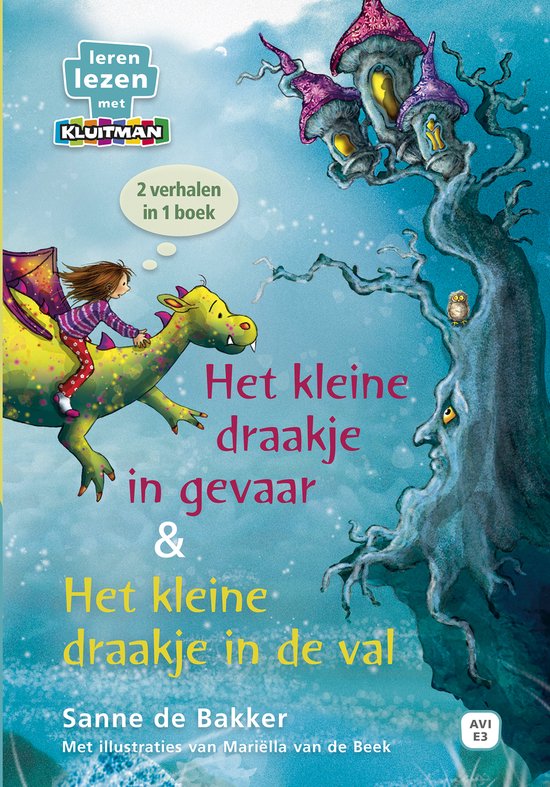 Boekillustratie van een meisje op een gele draak die naar torens met puntige daken vliegt, met de tekst 'Het kleine draakje in gevaar & Het kleine draakje in de val'.