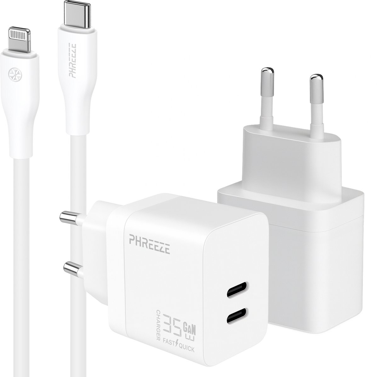 Phreeze usb C oplader met kabel geschikt voor iPhone en iPad met Lightning kabel - Power Delivery snellader met 2 usb C poorten - GaN charger