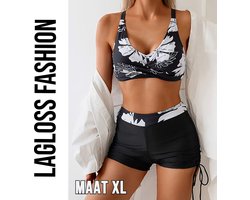 LaGloss® Sexy Dames Bikini Set met Hoge Taille – Bloemenprint, Buikcontrole & Trekkoord – 2-Delige Badkleding met Korte Pijpjes – Zwart Wit - Maat XL