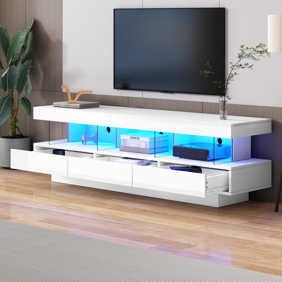 STILVORA TV meubel - TV-kast hoogglans glas met LED en Bluetooth App bediening - Voor woonkamer, eetkamer en slaapkamer - 160x38x50,5 cm - Hout - Wit