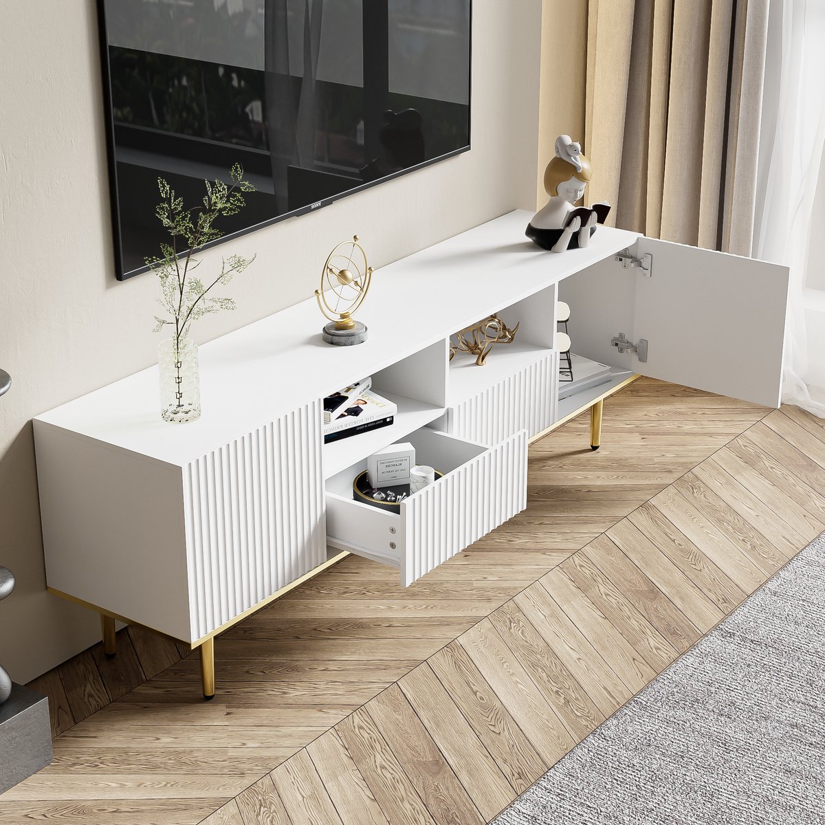 STILVORA TV-kasten 165x36x55 cm - TV meubel Met 2 Deuren En Lades - Functioneel En Ruim - Vintage Stijl - TV Meubels - Hout - Wit