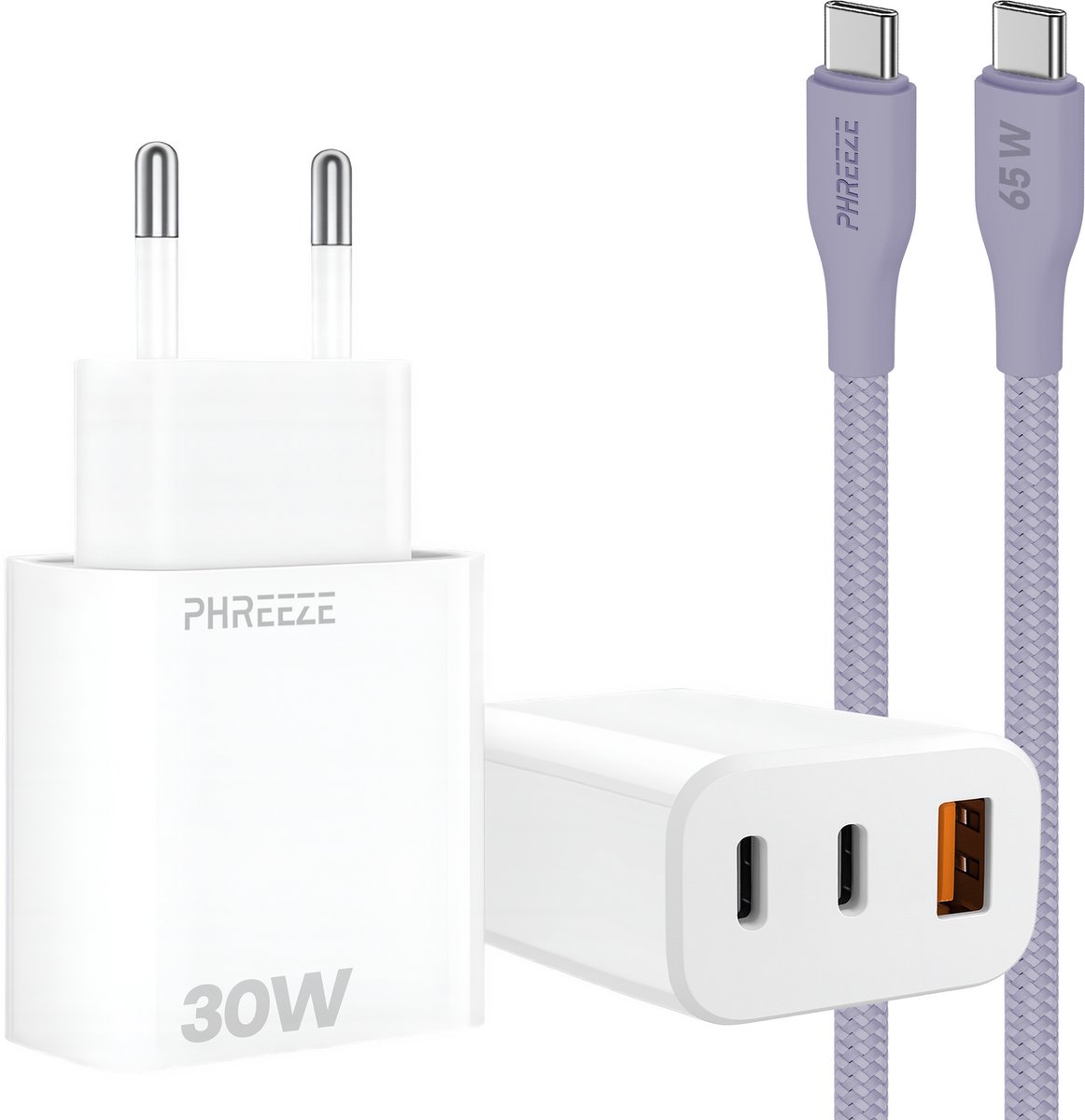 Usb C en usb A adapter met usb C kabel - 30w oplaadstekker 3 poorten incl. oplaadkabel 1m
