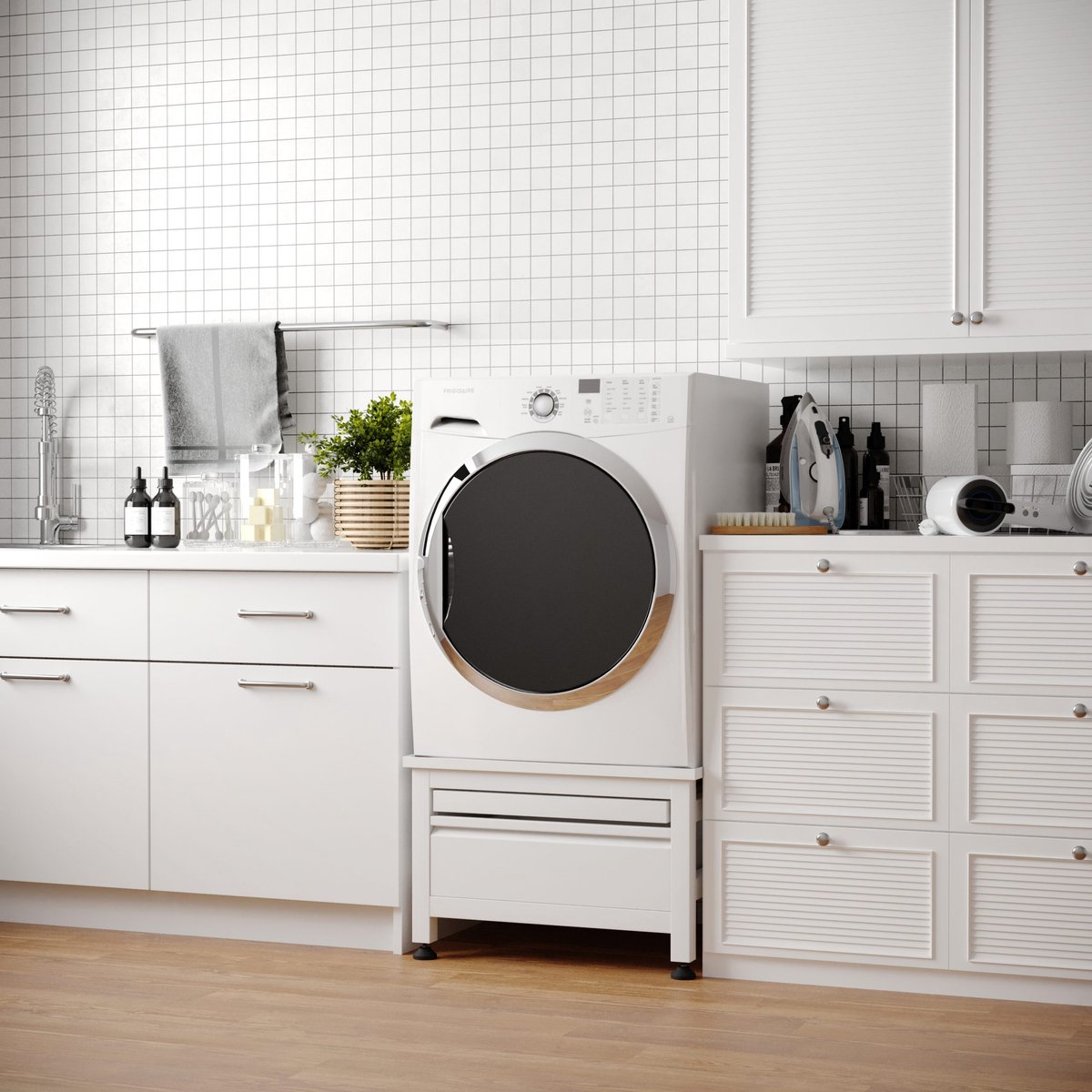 Wasophoogte® Wasmachine verhoger met lade en plateau - Wasmachine opbouwmeubel - Wasmachine sokkel - 42cm hoog - Wit - Universeel - 65*60,5 (LxB) - Inclusief wandbeugels thumbnail 2