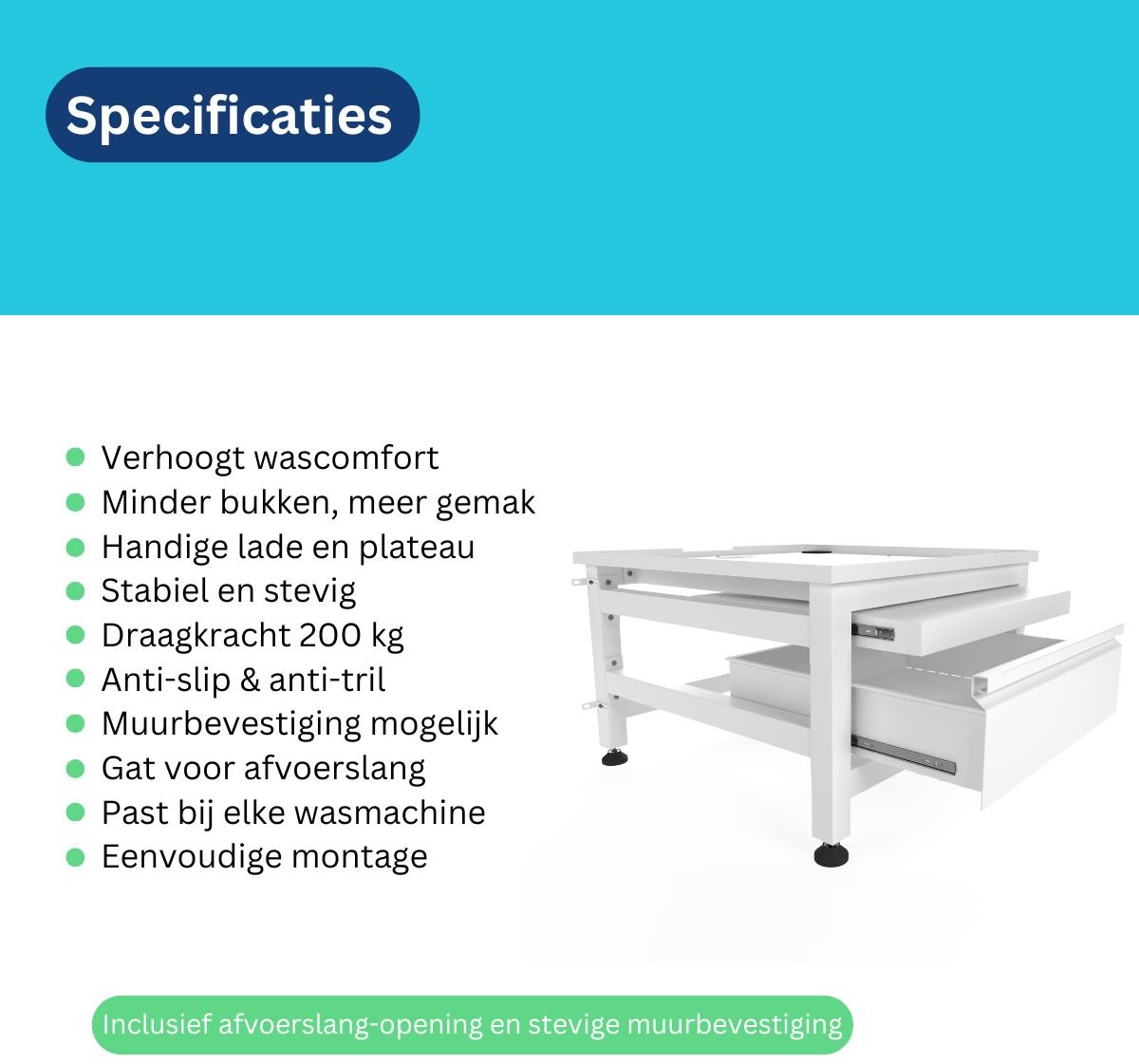 Wasophoogte® Wasmachine verhoger met lade en plateau - Wasmachine opbouwmeubel - Wasmachine sokkel - 42cm hoog - Wit - Universeel - 65*60,5 (LxB) - Inclusief wandbeugels thumbnail 6
