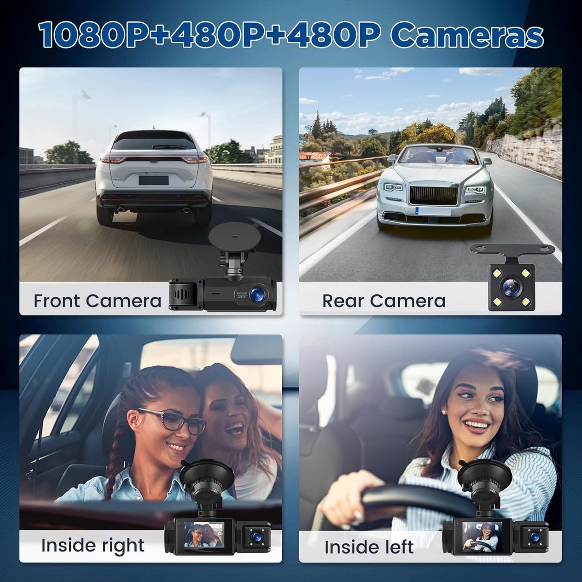 WiFi Dashcam voor Auto – 3-kanaals Draadloze Dashcam met App, Voor Binnenin Achter Camera, Full HD 1080P, 2” IPS-scherm, Nachtzicht, Bewegingsdetectie, Loopopname, 64GB-kaart Inbegrepen – foto 2