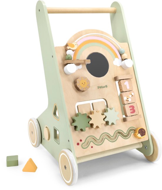 PolarB Houten Loopwagen Groen – Baby Walker met speelfunctie (12+ mnd) – Looptrainer met Opbergruimte - Snel leren lopen - Anti slipbanden