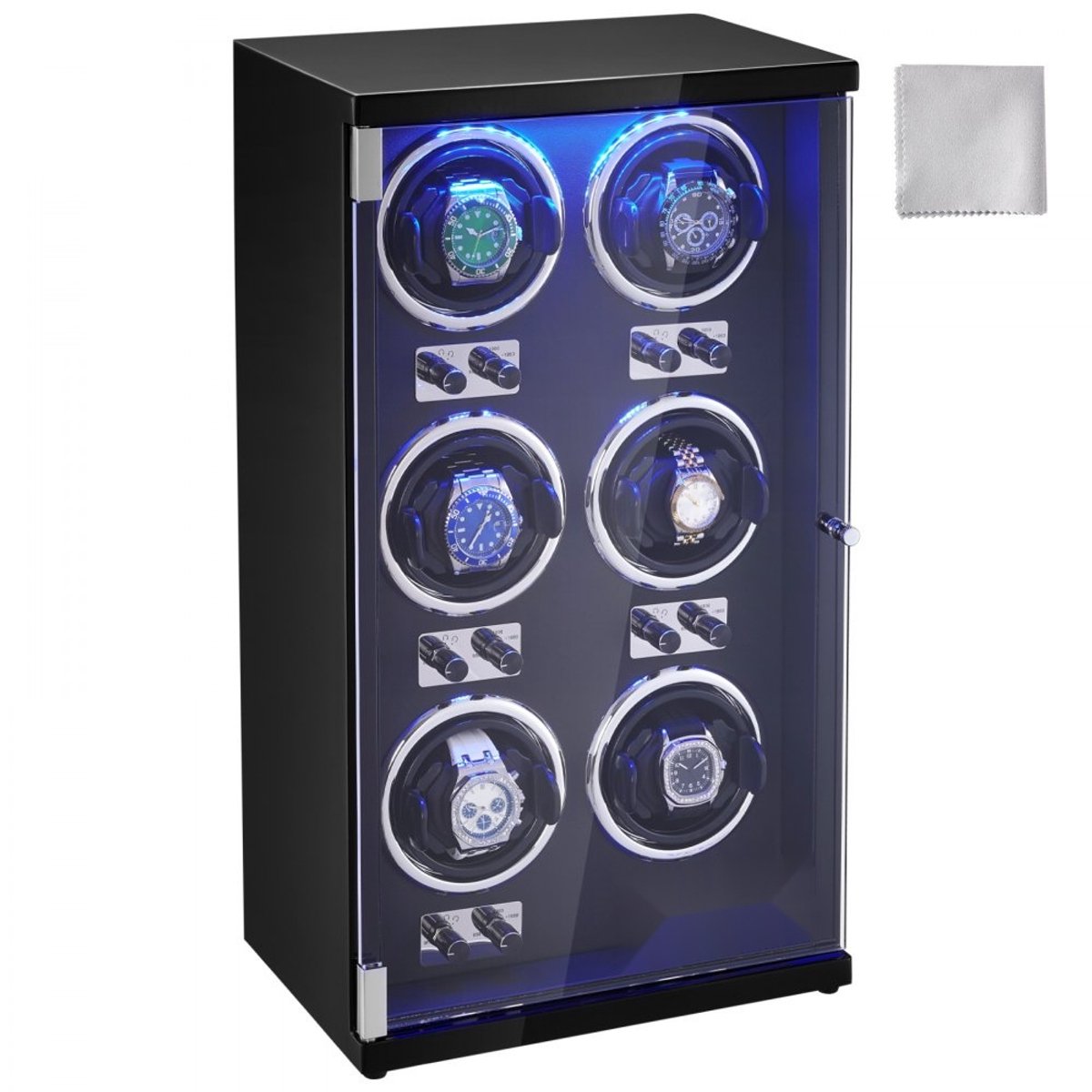 Watch Winder - Horlogeopwinder - Voor Automatische Horloges - Capaciteit 6 Horloges - LED Verlichting - Verstelbare Bandlengte 15-20,7 cm