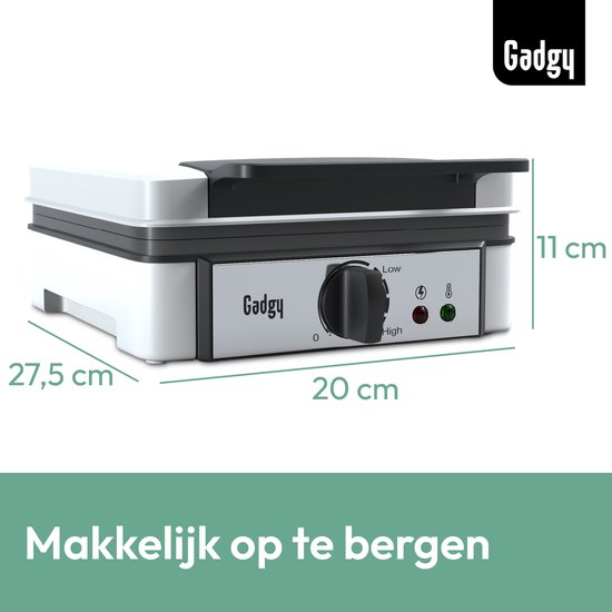 Witte Gadgy wafelmaker met grijze details, afmetingen 27,5 x 20 x 11 cm. Makkelijk op te bergen.