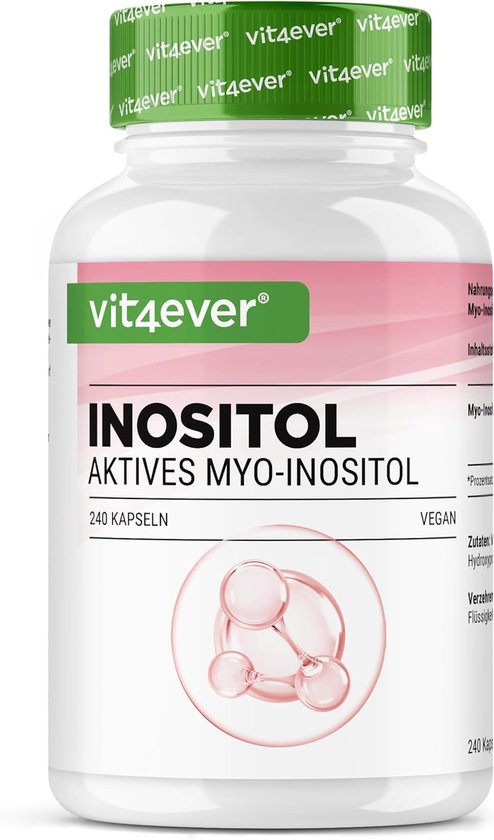 Vit4ever inositol pot met 240 vegan capsules, met illustratie van moleculen.