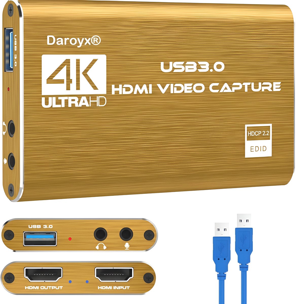 Daroyx® VCC4K Pro Video Capture Card - USB-A 3.0 - HDMI 4K@60Hz - Geschikt als Game Capture - Goudkleurig