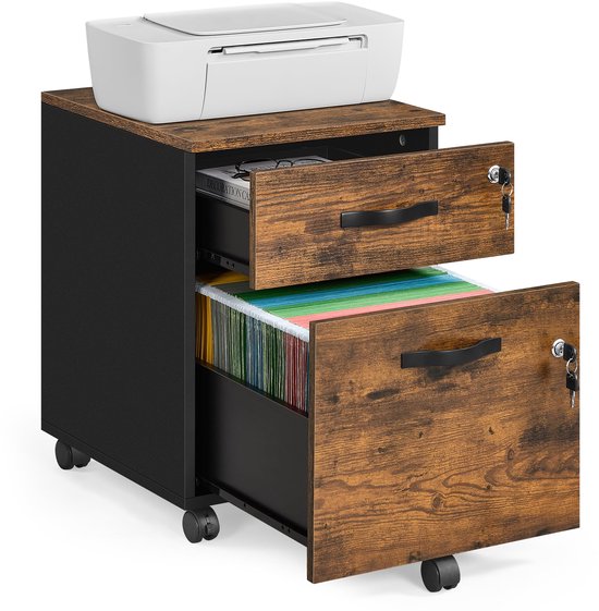 Zwarte archiefkast met houten laden, met een printer erop. De bovenste lade is open en toont een tijdschrift, de onderste lade is vol met gekleurde mappen.