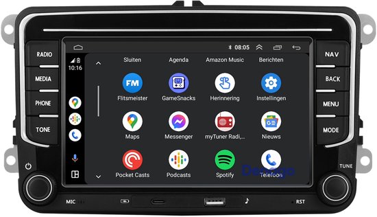 Autoradio met een startscherm met diverse app-iconen, waaronder sluiten, agenda, Amazon Music, berichten, FM, Gamesnacks, Herinnering, Instellingen, Maps, Messenger, myTuner Radi..., Nieuws.